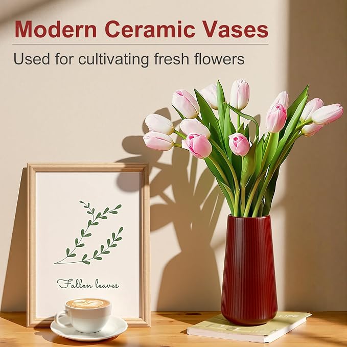Ceramic Vase, GUKJOB Small Cute Flower Vase for Pampas Grass, Home, Living Room, Dining Table, Farmhouse, Office Decor, Bedroom, Table, and Kitchen Shelf (Red)