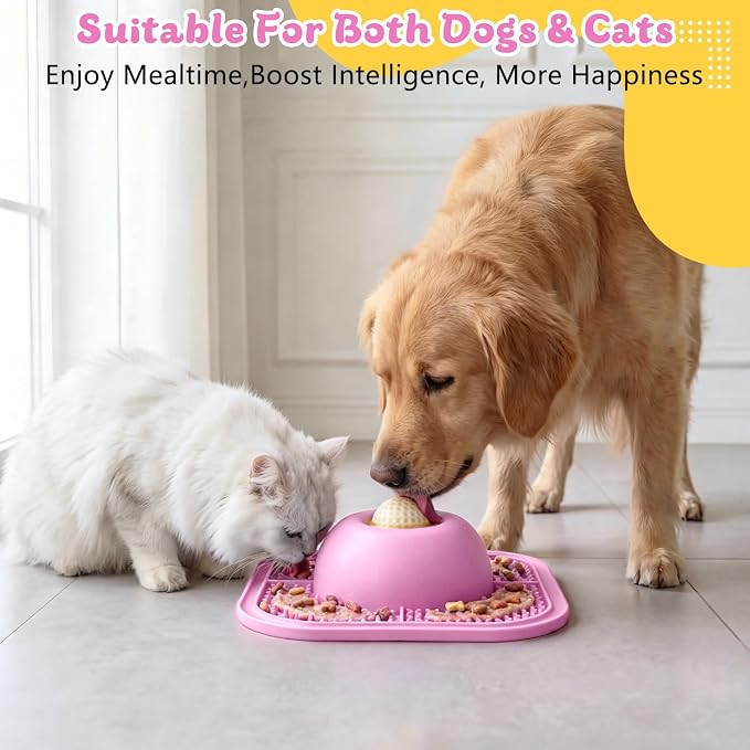 Slow Feeder Dog Bowls & Lick Mat for Liquid and Thick Treat, Anti-Slip Dog Lick Bowl with Interactive Rolling Ball, 5/6 Cup Pup Licking Toy for Large Medium Small Dogs and Cats Pink