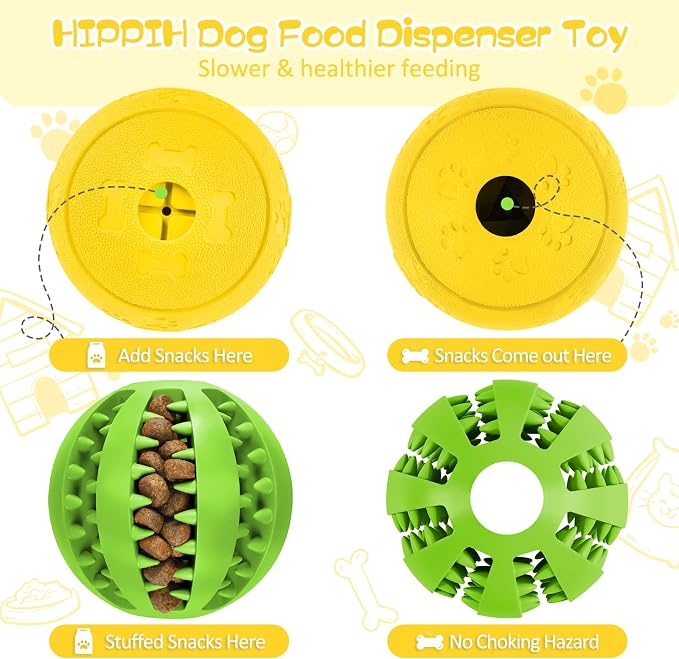 HIPPIH Dog Puzzle Toy 2 Pack, Interactive Dog Toys for Treat Dispensing | Durable Puppy Enrichment Toys, Dog Treat Ball for Teething, Slow Feeder, IQ Training, Green-2.75'', Yellow-3.14''