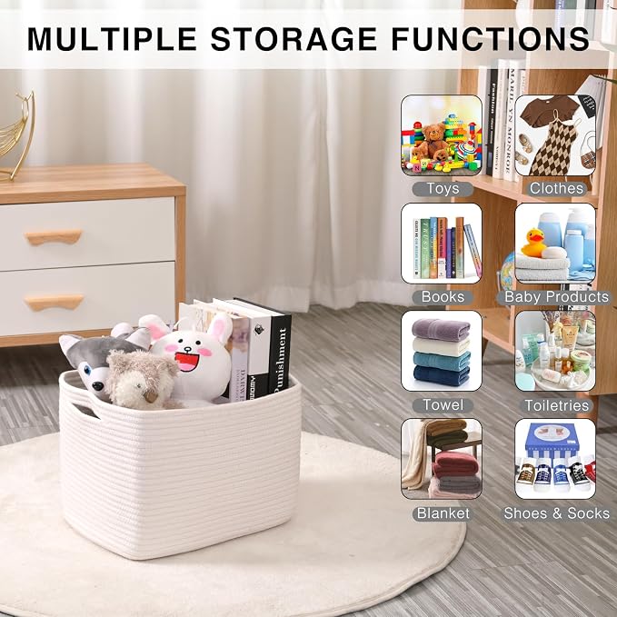 ICERZCZ Storage Baskets for Organizing Shelves 15x11x9.5 Off White 3 Packs | Woven Cotton Rope Bins for Baby Nursery Organization, Book Toy Towel Organizer, Living Room, Bedroom, Bathroom, Kid's Room