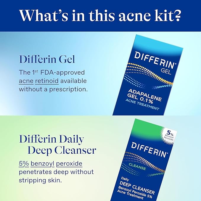 Differin Acne Skin Care Kit, Differin Gel Retinoid Acne Treatment for Face with 0.1% Adapalene & 5% Benzoyl Peroxide Face Wash & Body Wash, Designed for Pimple and AcneProne Skin (Pack of 10)