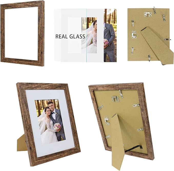 Hongkee 8x10 Picture Frame Set of 4, Made of Real Glass and Rustic Brown Wooden Frame, 8 by 10 Photo for Wall or Tabletop - Display Picture 5x7 with Mat or 8x10 Without Mat