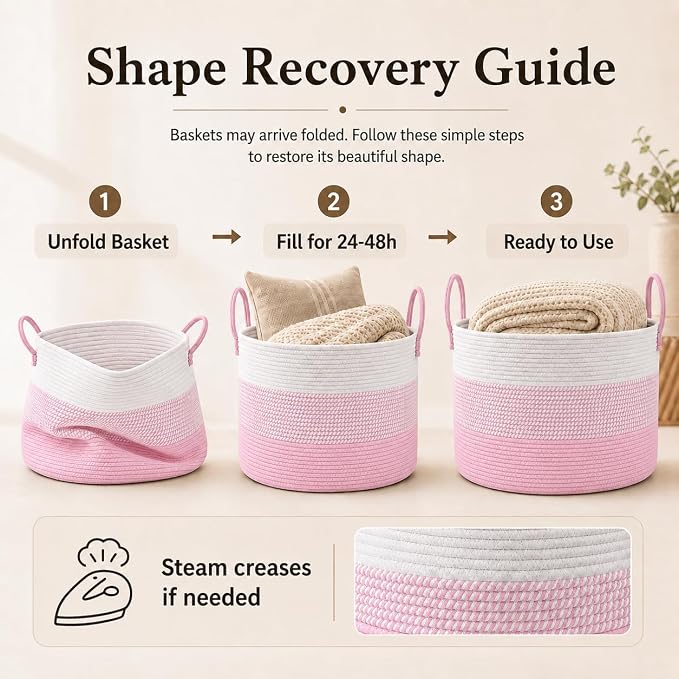 JMvicyroam 65L Extra Large Blanket Basket for Living Room - Woven Cotton Rope Laundry Hamper with Reinforced Handles - Storage Bin for Pillows, Comforters & Toys - Machine Washable,White&Pink Mix