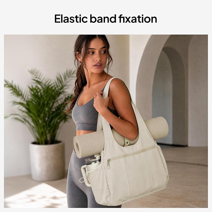 TOPEAST Foldable Tote Bag for Women with Yoga Mat Holder,Travel Tote Bag with Water Bottle Pocket,Lightweight Workout Gym Bag