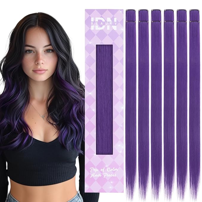 IDN BEAUTY Colored Clip in Hair Extension, 12PCS Deep Purple 24Inch Invisible Clip Straight Synthetic Hair Pieces for Women, Hair Accessories for Party Cosplay Travel Birthday Halloween