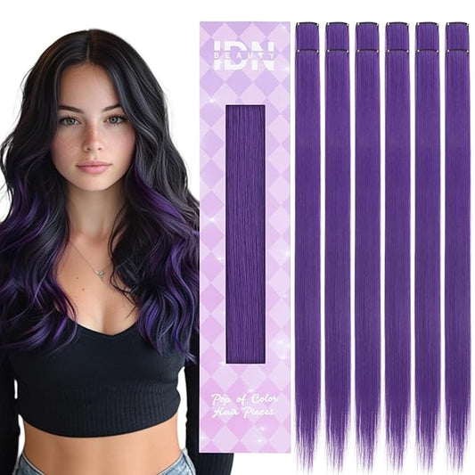 IDN BEAUTY Colored Clip in Hair Extension, 12PCS Deep Purple 24Inch Invisible Clip Straight Synthetic Hair Pieces for Women, Hair Accessories for Party Cosplay Travel Birthday Halloween