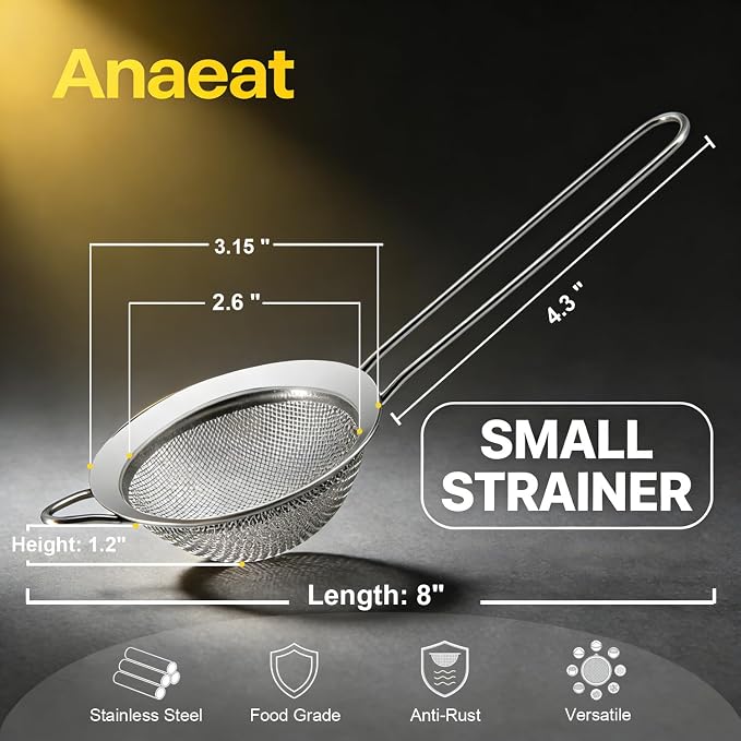 Anaeat Fine Mesh Strainers - Premium Stainless Steel Colander Sieve Sifters, with Durable Mesh and Sturdy Handle, Excellent for Sifting Dry ingredients, Flour, Pastas, Rice, Tea (3.15"）