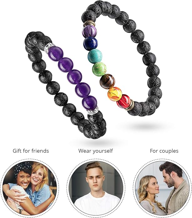 Hicarer 16 Pieces Men Women 8mm Lava Rock Bracelets 7 Chakra Aromatherapy Essential Oil Diffuser Bangle Natural Stone Beads Bracelet