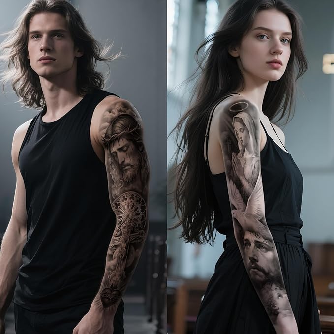 48 PCS Large Christian Temporary Tattoos Stickers Adult Men Women Kids Full Half Arm Sleeve Jesus Cross God Christ Catholic Religious Realistic Body Shoulder Arm Fake Tattoos Stickers Waterproof