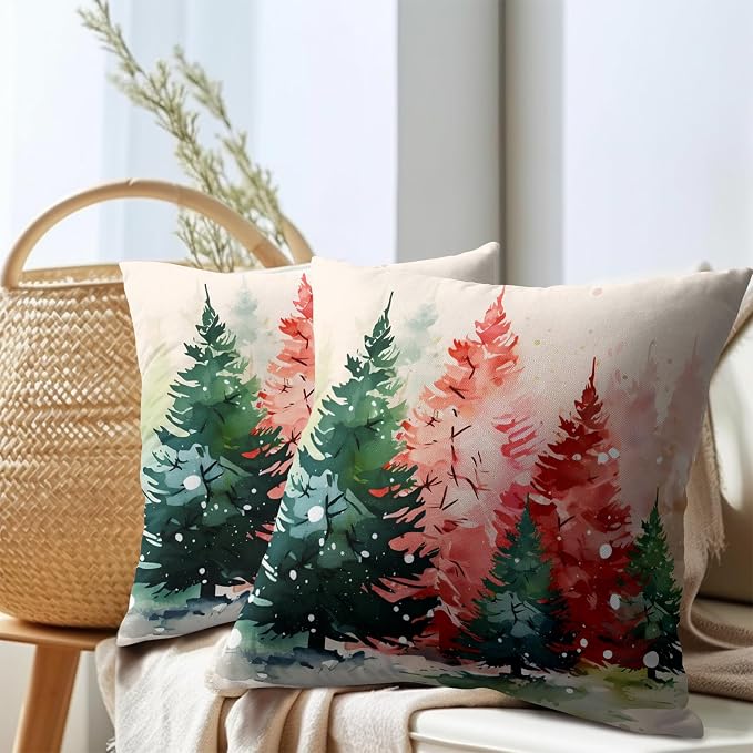 Kawani Winter Christmas Tree Pillow Covers 22 x 22 Inches Pack of 2 Red Green Xmas Trees Decorative Throw Pillows Cotton Linen Cushion Case for Sofa, Bed and Couch Room Holiday Decor