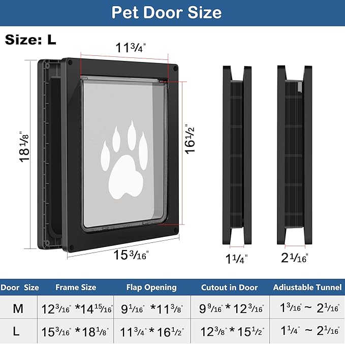 CEESC Large Dog Door, Snap-in Closing Panel, Up to 80 lbs, Durable, Black | Flap 11.75"x16.5", cut-out 12.4"x15.5". Fits doors 1.25-2.06in. Weatherproof ABS, magnetic seal