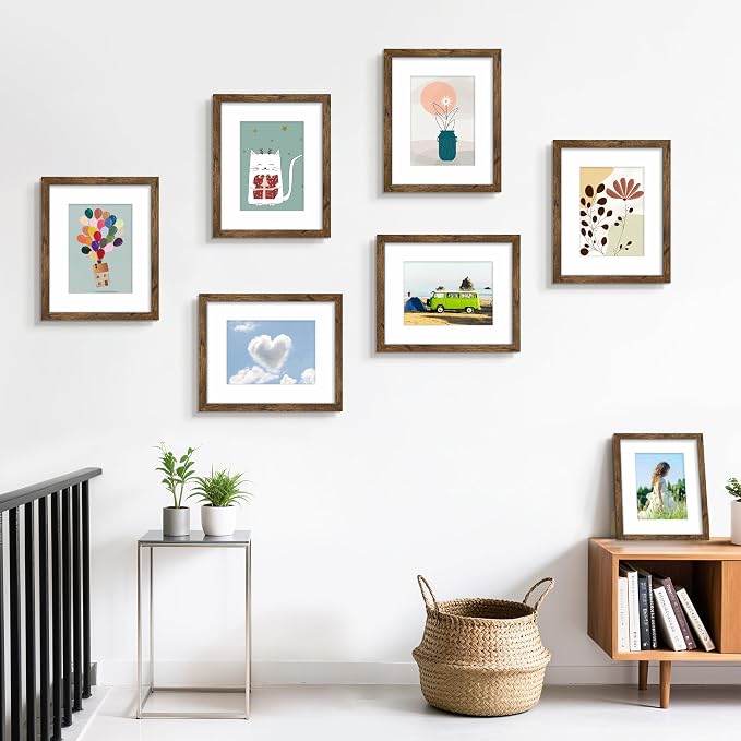 8x10 Picture Frame Set of 6, Wall or Tabletop Display, Rustic Brown | Display Pictures 5x7 with Mat or 8x10 Without Mat, Horizontal or Vertical, Gallery Wall Frame Set, Wedding Birthday Gifts