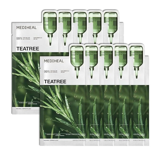 Mediheal Essential Face Mask [Teatree] Calming Moisutre 10 pcs. with 99% Purity Teatree for Intensive Soothing, Deep Hydration - suitable for acne-prone skin - Vegan Formula Korean Sheet Mask