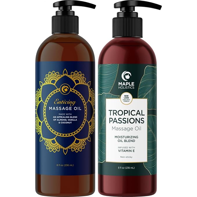 Luxurious Vanilla & Tropical Passions Massage Oil Set - Aromatherapy Full Body Massage Oil for Couples Bundle with Naturally Scented Vegan & Non GMO Ingredients (8 Fl Oz Each)