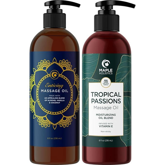Luxurious Vanilla & Tropical Passions Massage Oil Set - Aromatherapy Full Body Massage Oil for Couples Bundle with Naturally Scented Vegan & Non GMO Ingredients (8 Fl Oz Each)