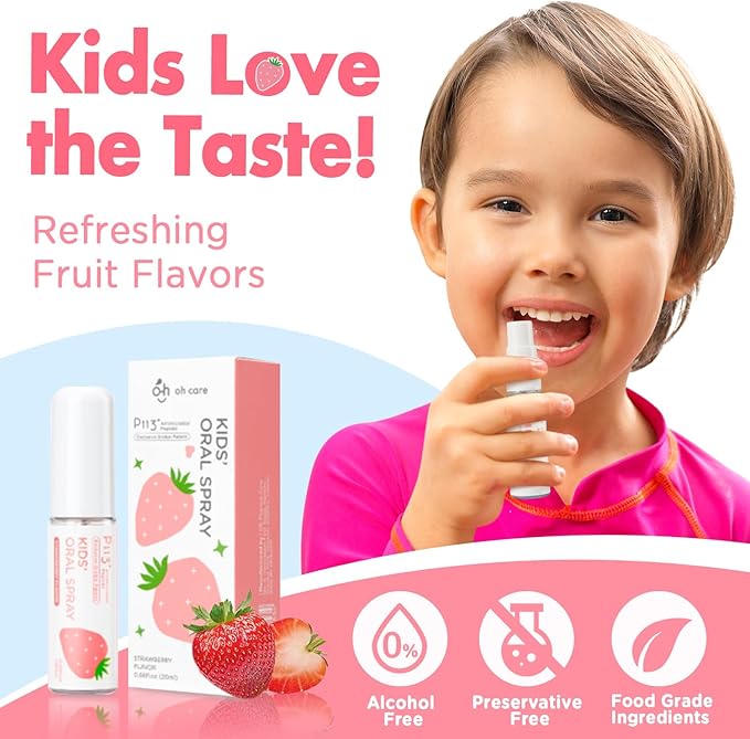 oh care Mouth Spray for Kids Toddler Toothpaste Helper Fluoride Free Baby Toothpaste Cavity Protection Oral Care with Natural P113+ Antibacterial Peptide for Newborns to Age 12(Strawberry)
