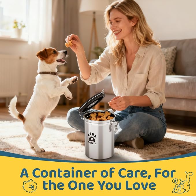 ENONCI Airtight Dog Treat Canister, 304 Stainless Steel Food Storage Jar with Date Dial Silver-1.8L