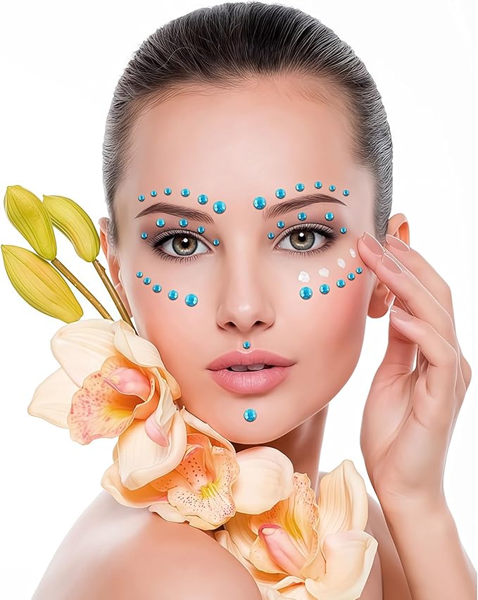 591pcs Face Gems Hair Gems Pearls, Self-Adhesive Face Jewels Eye Rhinestones 3/4/5/6/8 mm Face Gem Stick on, Halloween Makeup Gems Rave Accessories for Face Eyes Body Makeup (19.Aqua Blue)