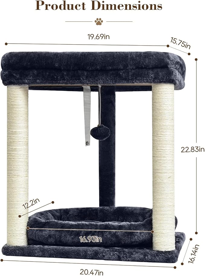 SYANDLVY Small Cat Tree for Indoor Cats with 2 Levels Perch Platforms | Natural Sisal Scratching Post Tower with Hanging Bell Ball & Anti-Tip Strap, Stable Cat Perch Furniture for Kittens, Smoky