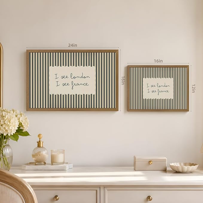 VziizV Vintage Postcard Wall Art, I See London I See France Quote Canvas Print, Minimalist Striped Typography Wall Decor, Cottagecore Farmhouse Poster Print for Bedroom Wood Framed 12x16 Inch