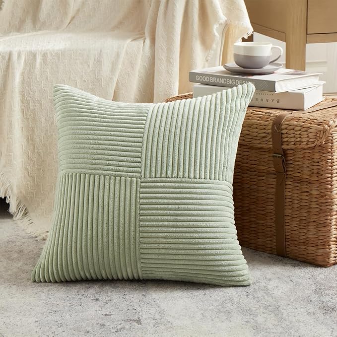 Fancy Homi 2 Packs Sage Green Decorative Throw Pillow Covers 20x20 Inch for Living Room Couch Bed Sofa, Farmhouse Boho Home Decor, Soft Corss Corduroy Patchwork Accent Square Cushion Case 50x50 cm