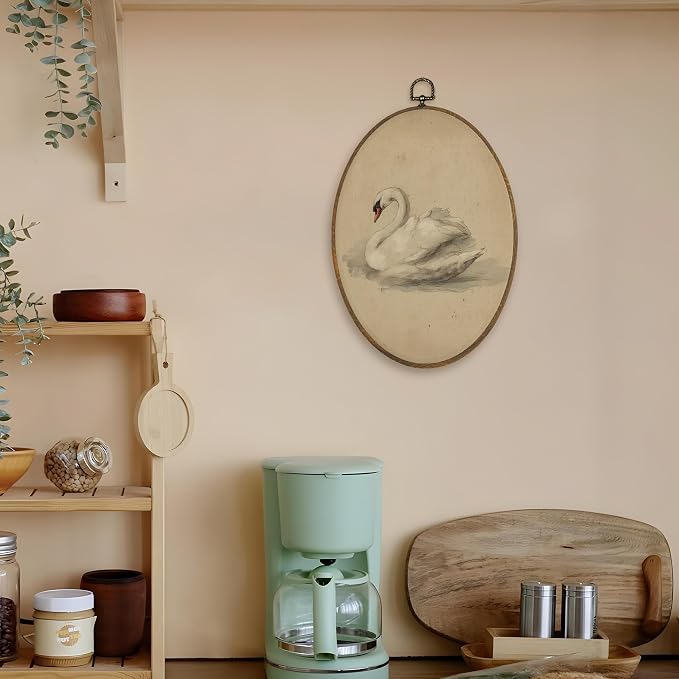 LKETW Vintage Swan Oval Wall Art Decor, Antique Elegant Swan Oval Canvas Hanging Decor, Retro Classical Animal Aesthetic Wall Decorations for Home Bedroom Living Room, 8.6x11.4 Inch