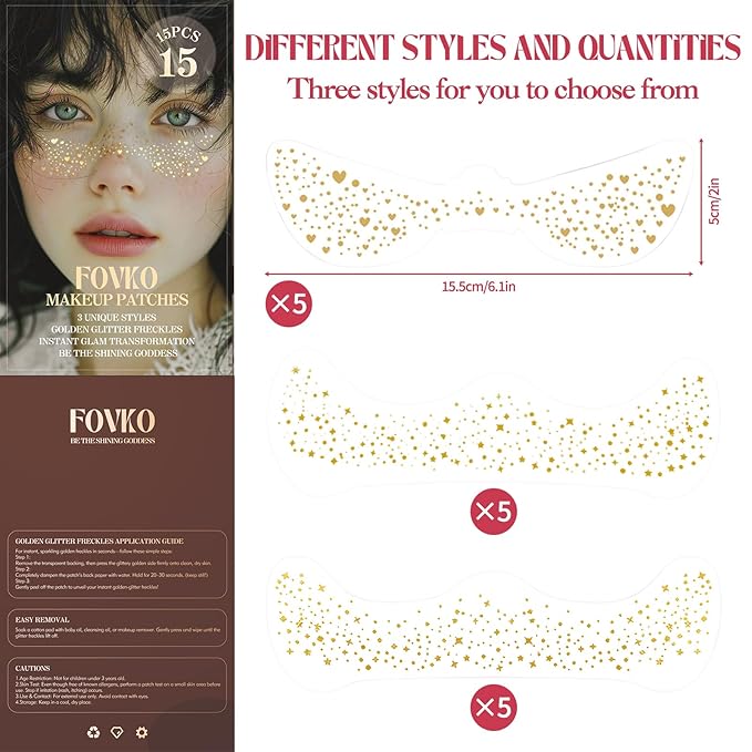 Gold Glitter Freckles Face Tattoo, 15 Pcs Waterproof Gold Sparkle Freckle Temporary Tattoo, Freckles Face Tattoo Long Lasting Festive Glitter, Face Glitter Self Adhesive for Women Girls