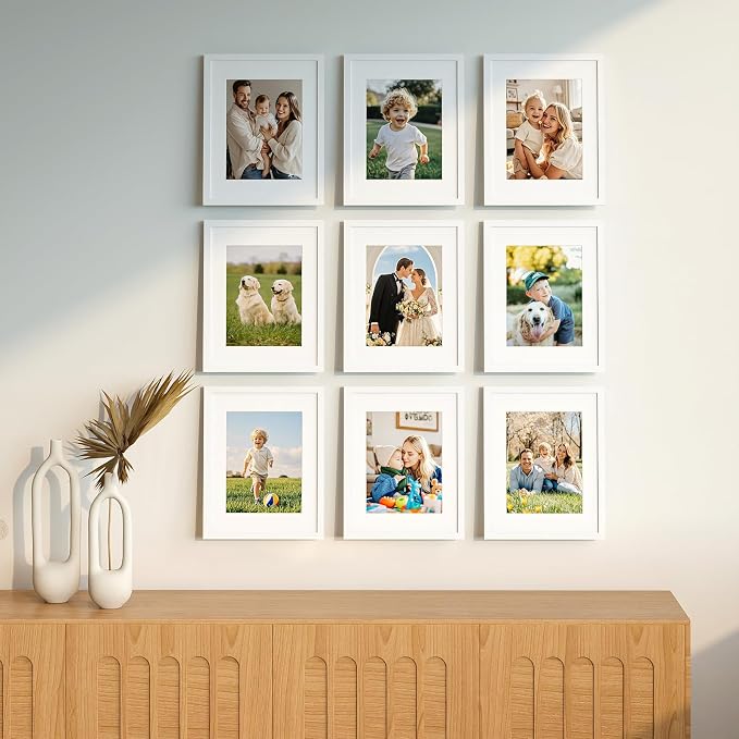 11x14 Picture Frame Set of 9, Display Pictures 8x10 with Mat or 11x14 without Mat, Multi Collage Gallery Square Photo Frames for Wall or Tabletop, White