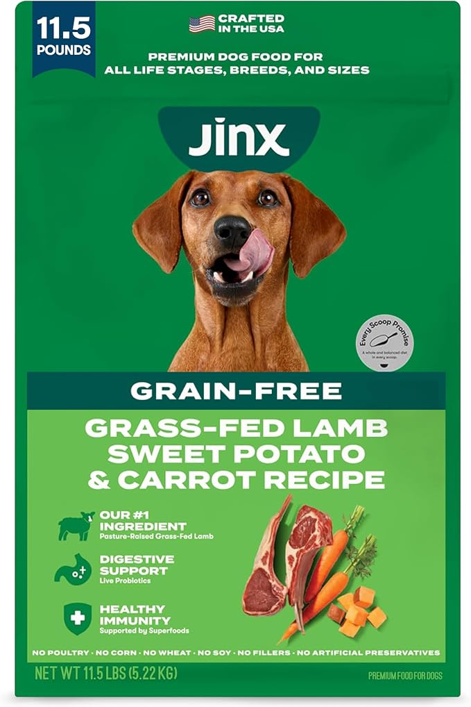 Jinx Grain-Free Dry Dog Food - Real Lamb, Sweet Potato & Carrot, 11.5lb | Premium Kibble for Digestive Support & Healthy Immunity - No Fillers, All Lifestages (Puppy, Adult & Senior), Breeds & Sizes