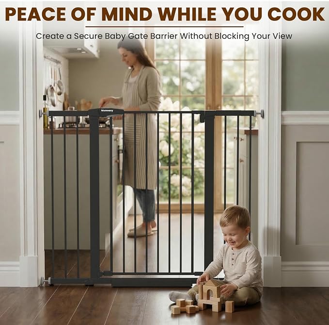 Mumeasy 36" Extra Tall Baby Gate for Stairs, 29.7-48" Wide Dog Gate for Doorways, Walk Thru Pet Safety Gate for Indoor, Pressure Mounted with Auto Close, Easy Install No Drill for Toddlers, Black