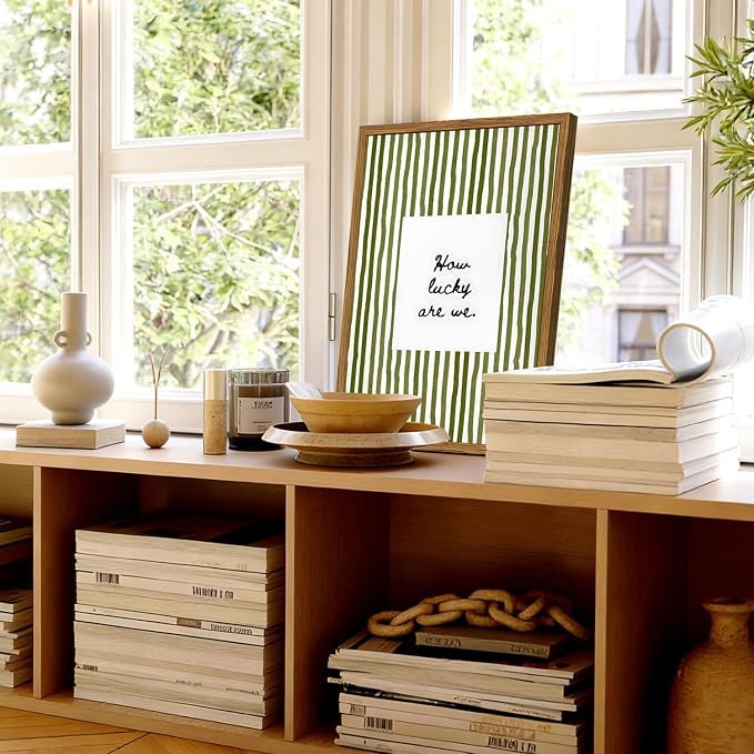 Framed How Lucky Are We Wall Art, Green Striped Pictures Wall Decor, Trendy Inspirational Quote Paintings Canvas Prints Preppy Home Decor for Living Room Bedroom Office Dorm 12x16 inch