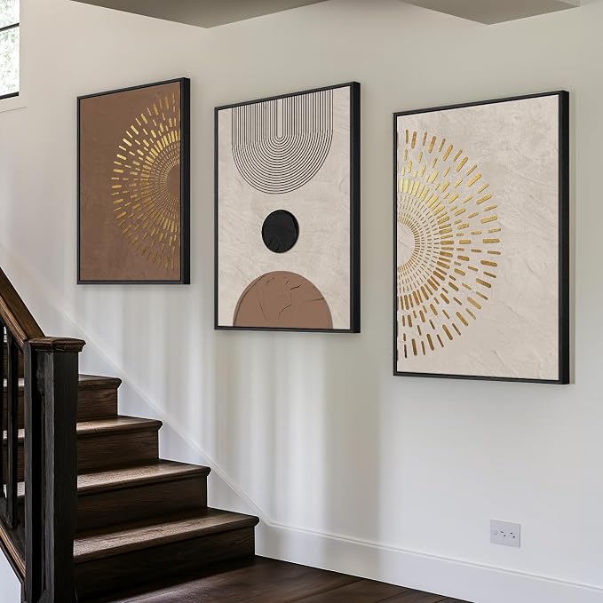 Boho Neutral Abstract Wall Art, 3 Piece, Brown Beige and Gold, 20x30 In | Large framed pictures, Modern canvas prints, Minimalist geometric paintings, Wall decor for living room bedroom hallway