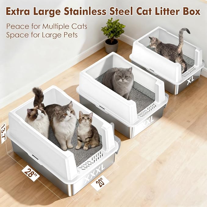 Extra Large Stainless Steel Litter Box for Large Cats | 50% Thicker Metal, High Sides, Leak-Proof, Non-Stick Surface, Odor Resistant, Easy Clean