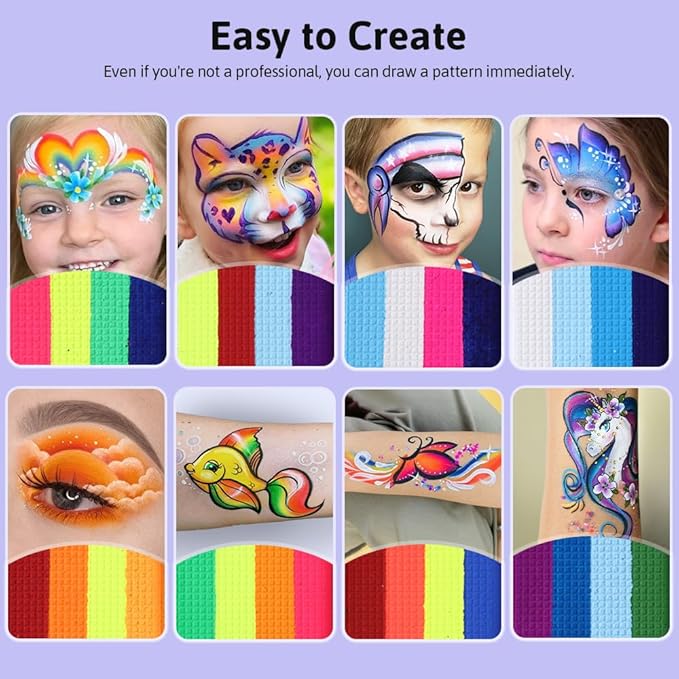 Janolia Rainbow Face Paint Kit - UV Fluorescent Split Cake, Water Activated Body Paint for Kids' Halloween, Carnival & Easter