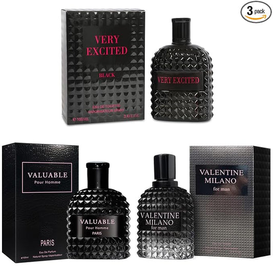 A CENTER 3Pack Men Colognes Combo Set Milano,Very Excited,Valuable Paris 3.4 Fl Oz Each Eau De Parfume Spray with Woody Floral & Fruity Scent Perfume Gift Set Day to Night Use Fragrances