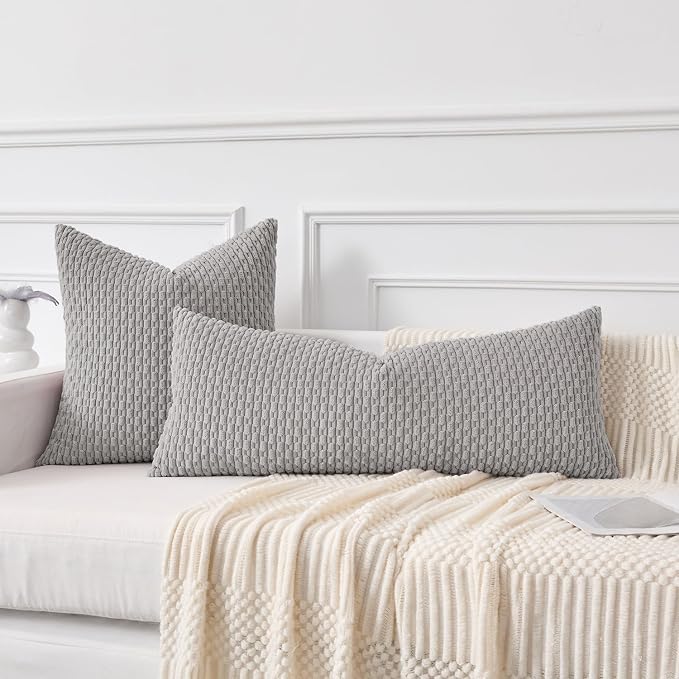 Kevin Textile Soft Corduroy 14"x36" Lumbar Pillow Cover 1 Pack, Light Grey | Boho Stripe Plush Corduroy Decorative Oblong Cushion Cover Modern Farmhouse Home Decor for Sofa Couch Bed Chair
