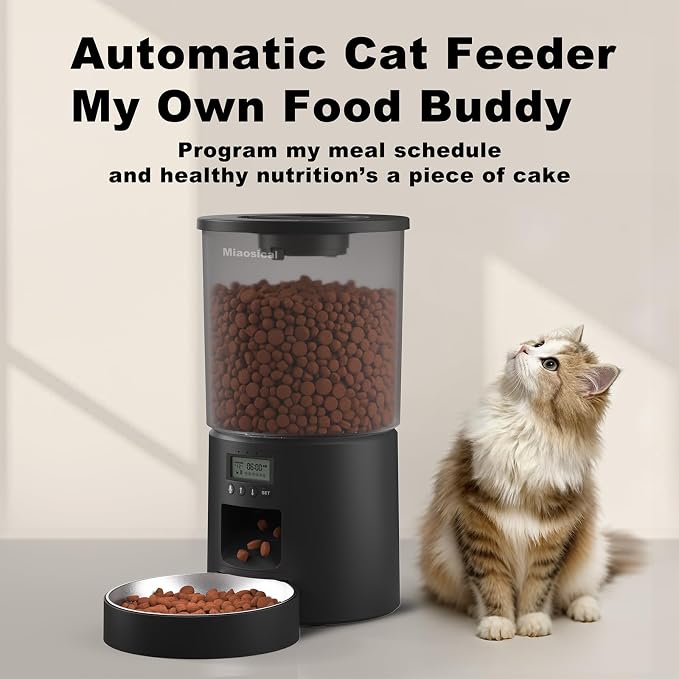 Automated Cat Feeder,Clear 4.2L Dry Food Dispenser with Single Bowl,Programmable Timed Pet Feeder for Up to 6 Daily Meals,10-Second Voice Message & Dual Power Backup (Black, 4.2L Press Version)