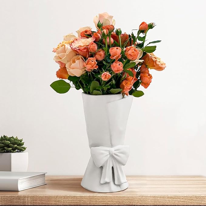 Relexome White Ceramic Bow Vase Unique Cute Decorative Bouquet Flower Vases 9.64 in Summer Home Decor Vase