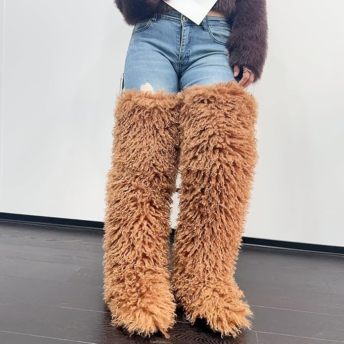 SWEETHEART BEAUTY Thigh High Shagy Teddy Fur Boots, 29 Inch Over the Knee Length Fluffy High Boots, Tall Furry Shoes For Women