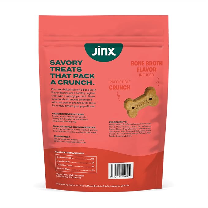 Jinx Dog Biscuits, Oven-Baked Dog Treats with Salmon Bone Broth, 16oz | 1-Pack Crunchy & Healthy Dog Treat, Superfood-Rich with Real Salmon, Dog Cookies for Puppies, Adults & Senior Dogs