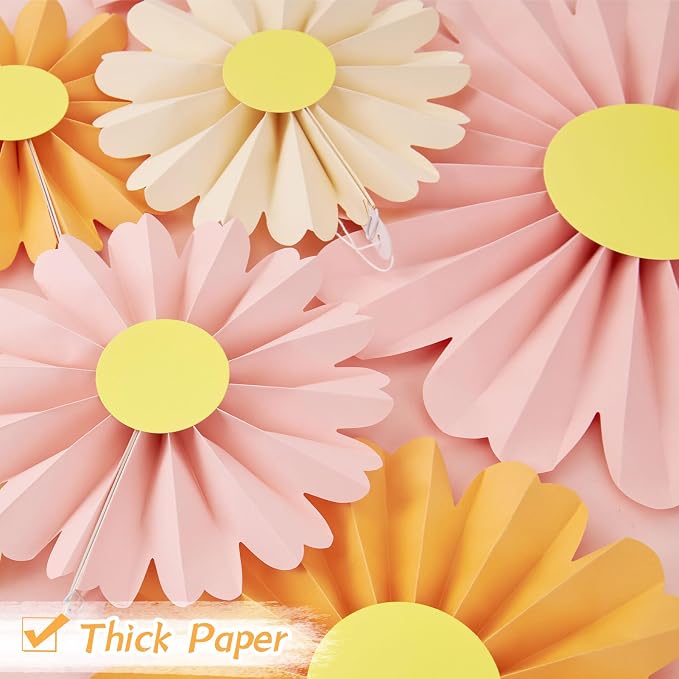 SUNBEAUTY 10 Pcs Daisy Paper Flowers Decorations Pink and Orange Flower Party Decorations Paper Fans Decor Hanging Paper Fans for Birthday Wedding Baby Shower Spring Garden Party Bulletin Board