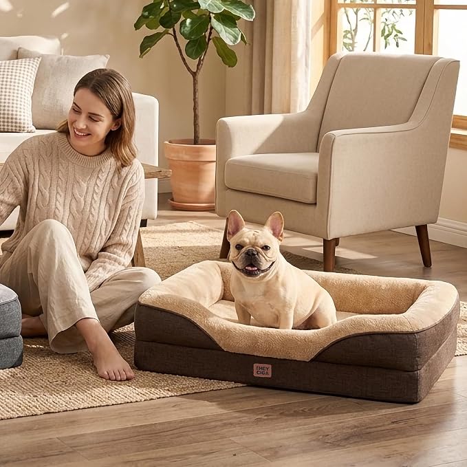 EHEYCIGA Orthopedic Dog Bed for Large Dog, Memory Foam Dog Couch, Brown | 36x27 Inch Large Sized Dog Sofa with Sides, Waterproof Liner & Washable Removable Cover, Bolster Pet Couch