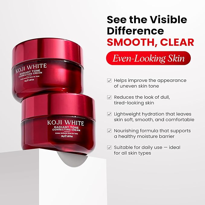 Koji White 1% Kojic Acid Cream | Face Moisturizer Radiant Tone Correcting Cream with 1% Alpha-Arbutin, 3% Niacinamide & Hyaluronic Acid for All Skin Types, Unscented, Vegan Skincare, 1.05 FL Oz
