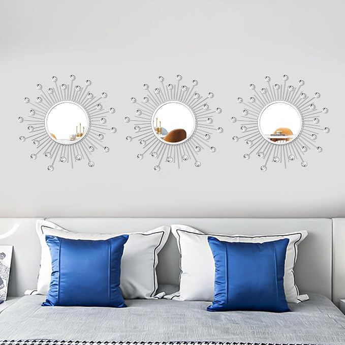 3 Pack Metal Mirrors for Wall Sunburst Wall Mirrors Home Décor Decorative Hanging Wall Art for Living Room Bedroom Entryway (Silver Crystal, Sunburst)