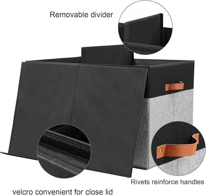 Large Toy Storage Box with Lid, Toy Chest Bin Boxes Basket with Dividers | Sturdy Toy Organizer Bin for Kids, Boys, Girls, Nursery, Living Room, Bedroom, Playroom 25"x13" x16" (Black and Grey)