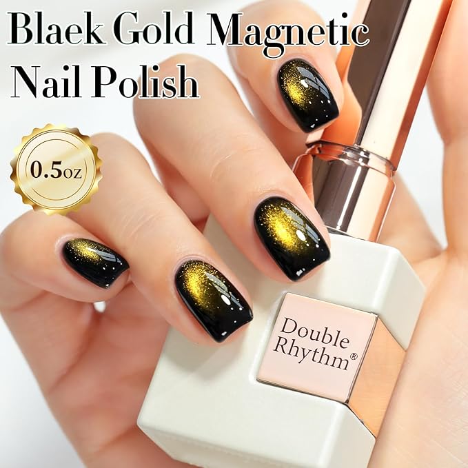 Double Rhythm Cat Eye Gel Polish with Magnet 15ML Glass Holographic Glitter Shimmer Translucent Sheer Color Salon Soak Off Magnetic at Home (Black Gold-MC1146)