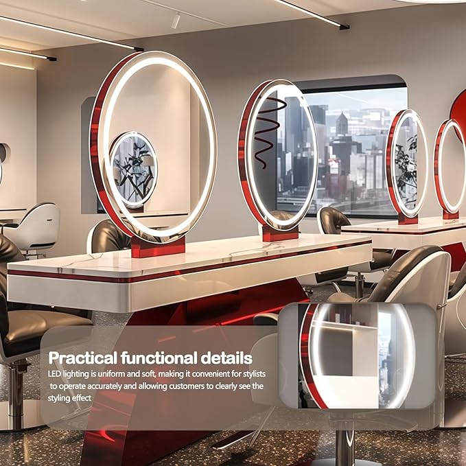 4-Person Salon Station for Hair Stylist with Retro-Futuristic Style, Barber Station includes LED Round Mirror, Red Metal Design, for Beauty Salon