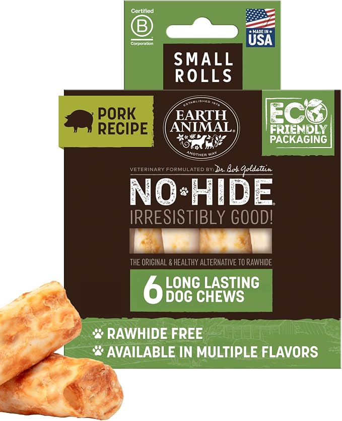 Earth Animal No Hide Dog Chews - Rawhide Free Small Rolls 6 Count Pork | Small Rolls Pork Flavored Natural Rawhide Free Long Lasting Dog Chews - Pet Treats for Small Dogs