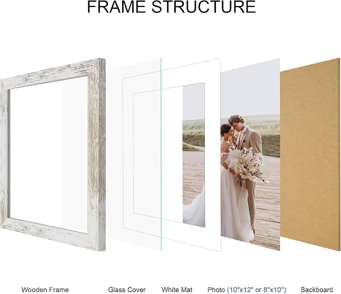 Hongkee 10x12 Picture Frame Set of 4, Made of Real Glass and Distressed White Frame - Display Picture 8x10 with Mat or 10x12 Without Mat, 10 by 12 Photo for Wall Mounting