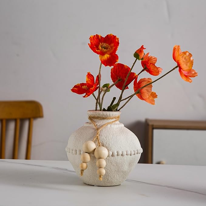 Mowtanco Rustic Ceramic Vase with Boho Wooden Beads, Matte Decorative Pottery for Modern Farmhouse and Bohemian Decor, Floral Arrangements, Bedroom, Shelf, or Side Table Accents